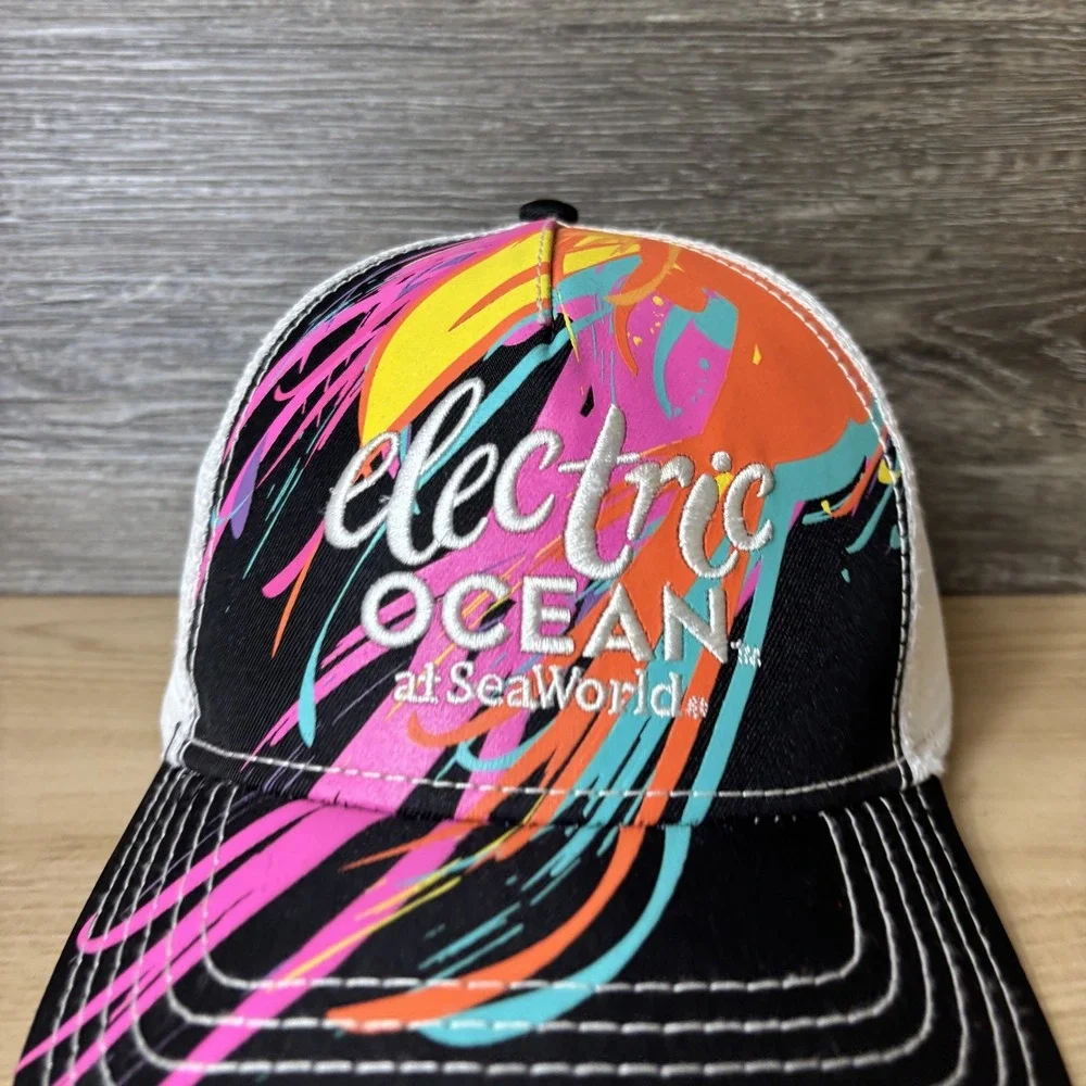 SeaWorld Electric Ocean Hat Cap Snap Back Black White Promo Adjustable